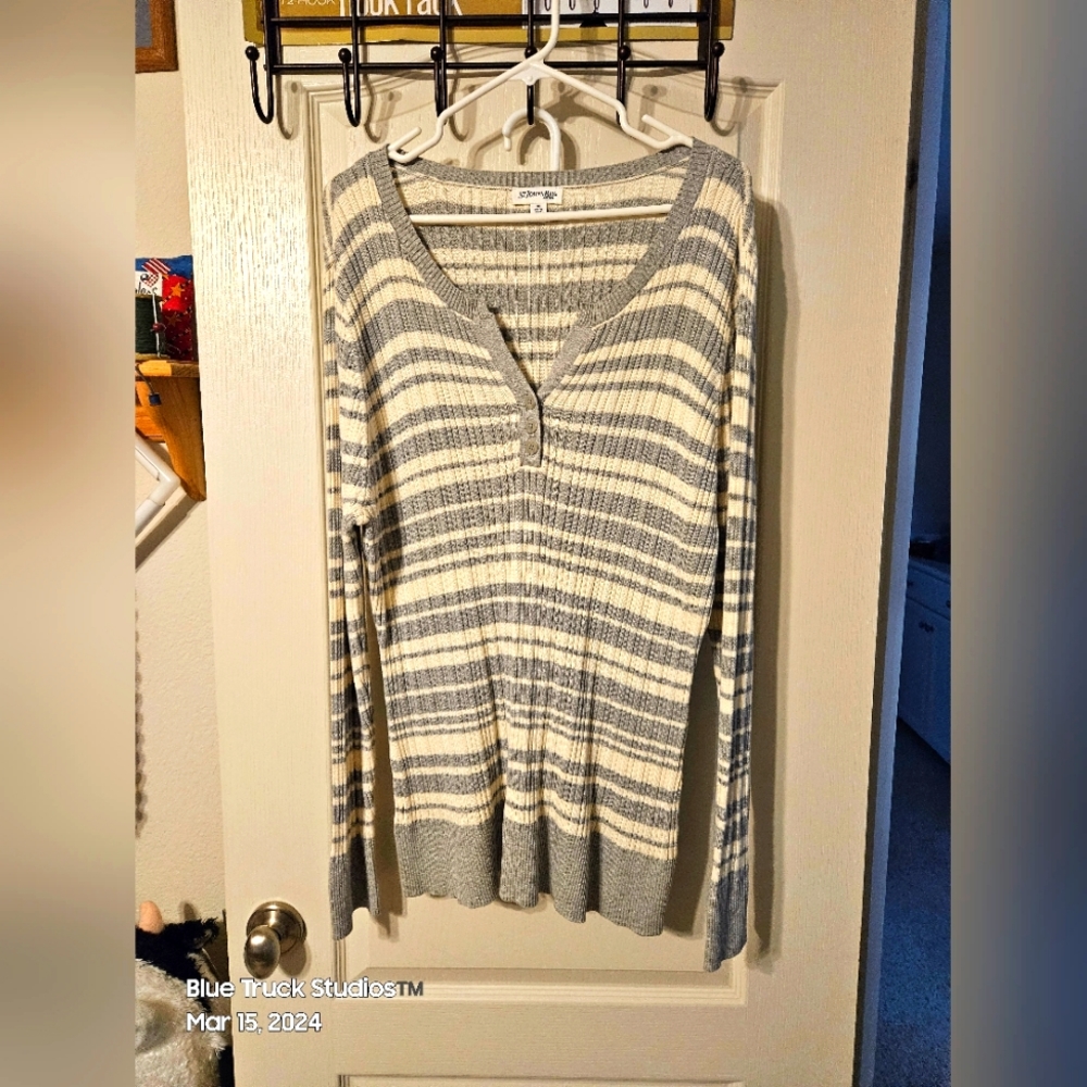 St. John's Bay Henley Buttoned Striped Long Sleeve Sweater Plus Size 3X